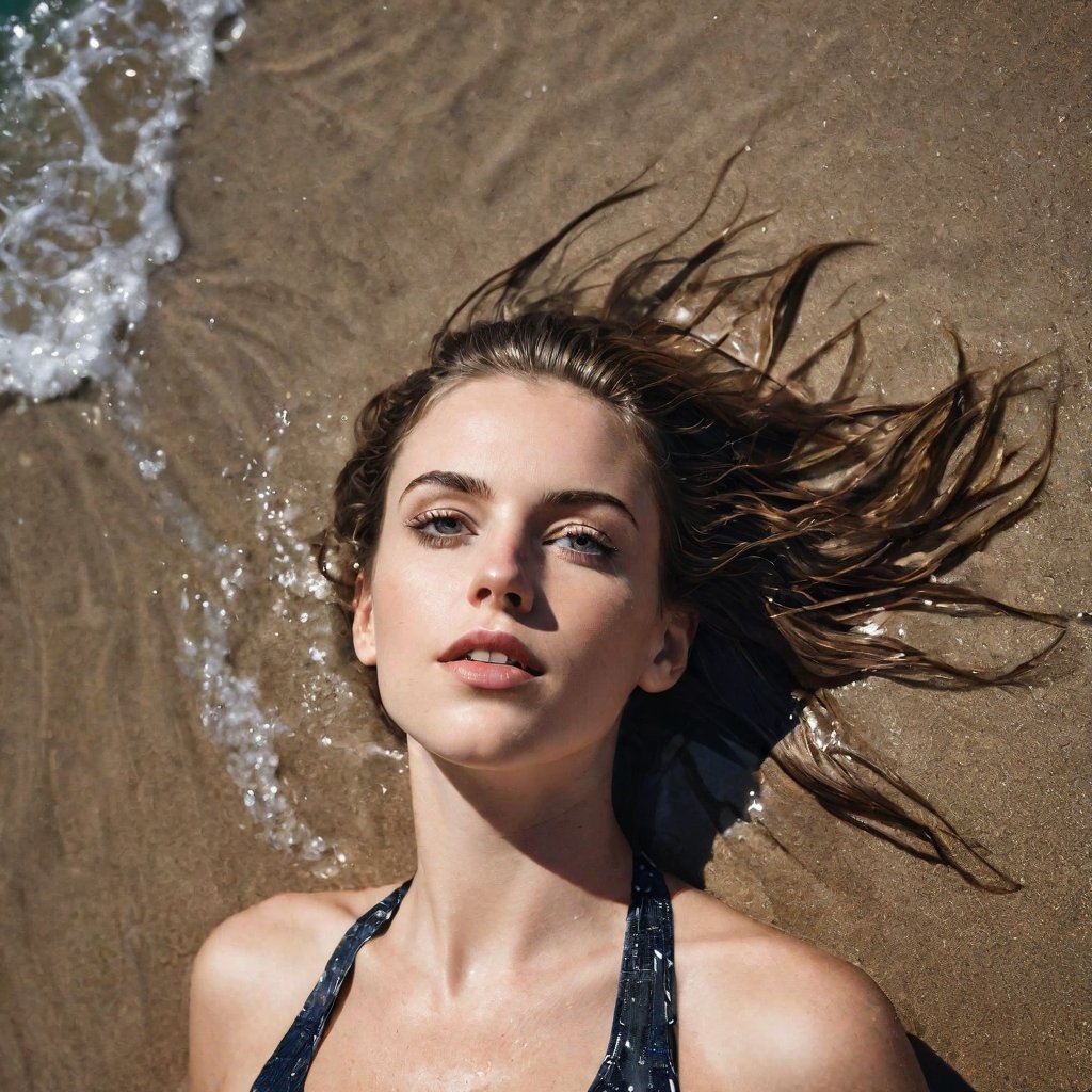 A photorealistic portrait of  woman wearing a two piece bathing suit ::Shot on a Canon EOS 5D Mark IV with a 200mm f/1.4L IS USM lens, capturing rich tonality, exceptional sharpness, and a smooth bokeh background ::1 High-resolution ::Shot from above, looking up, emphasizing her raw emotion and vulnerability ::Wallpaper ratio, high-resolution, and dramatic contrast, worthy of a collector's edition prints :: --ar 16:9 --q 5 --v 5 --s 750

