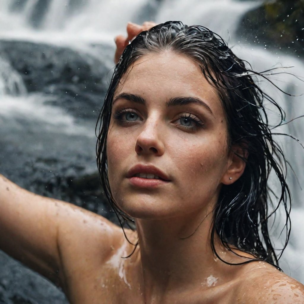 Macro portrait, top-down view, woman aged twenty-five years, tattooed, wet hair, in a waterfall, water, drops, splash