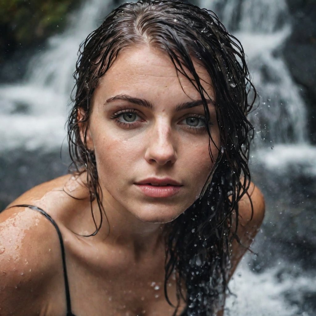 Macro portrait, top-down view, woman aged twenty-five years, tattooed, wet hair, in a waterfall, water, drops, splash