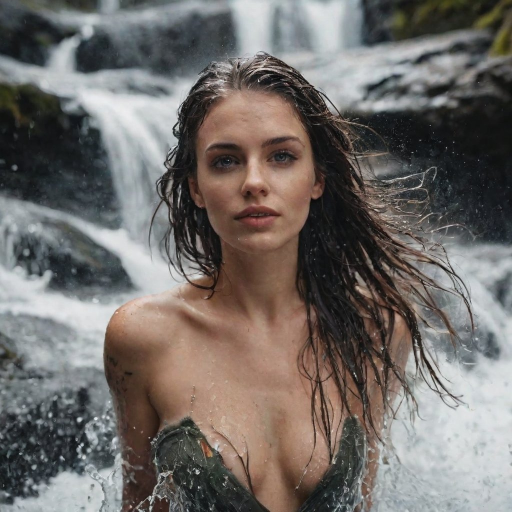 Macro portrait, top-down view, woman aged twenty-five years, tattooed, wet hair, in a waterfall, water, drops, splash