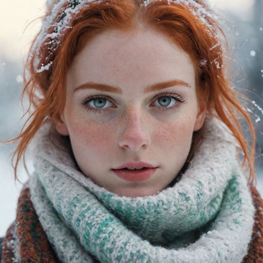 Face behind wooly scarf, Petite redhead Woman in snow, Freckles, face Closeup, face Hidden behind Pastell neon Striped wooly scarf, only blushed flirting eyes visiblevery Detailed, awesome Quality, reflecting, luminescent, translucent, Ethereal, Aura, 80s DARK dystopian Blade Runner Flair, very detailed, uhd, masterpiece, White smoke, light beams through smoke,