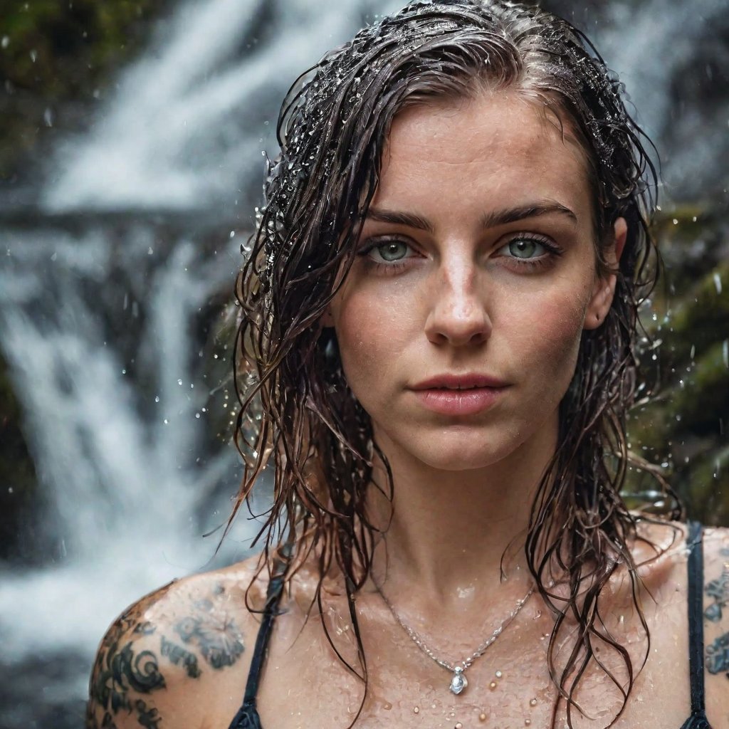 Macro portrait, top-down view, woman aged twenty-five years, tattooed, wet hair, in a waterfall, water, drops, splash