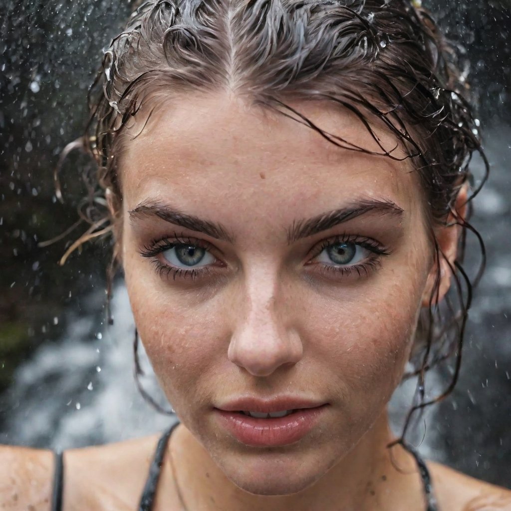 Macro portrait, top-down view, woman aged twenty-five years, tattooed, wet hair, in a waterfall, water, drops, splash