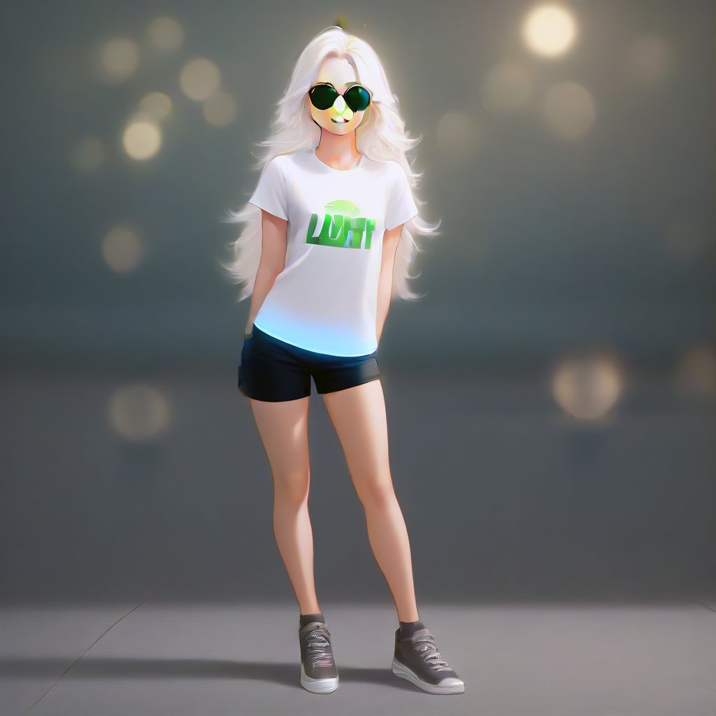 1woman,28 years old,smiling,white long hair,green eyes,round sunglasses,white open t-shirt,(((on the t-shirt,loneyl)))writes(best quality,high level :),(vibrant colors,colour :), (bokeh),(full length portraits), (studio lighting),(ultra fine image),(sharp) focus),(highly detailed eyes, body and face),(detailed lips),(beautiful detailed eyes),( long eyelashes)