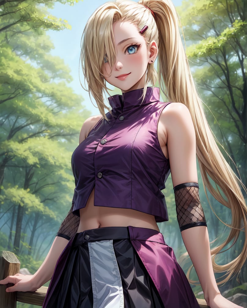 (best quality), masterpiece, 1 anime girl - ino yamanaka, konoha headband, hair over one eye, ponytail, hairclip, crop top, sleeveless, skirt, fishnets, earrings, miriff, cowboy shot view, light smile, old japanese forest, Yamanaka Ino, (8K wallpaper),(beautiful detailed eyes), beautiful, amazing, detailed eyes, (detailed skin)