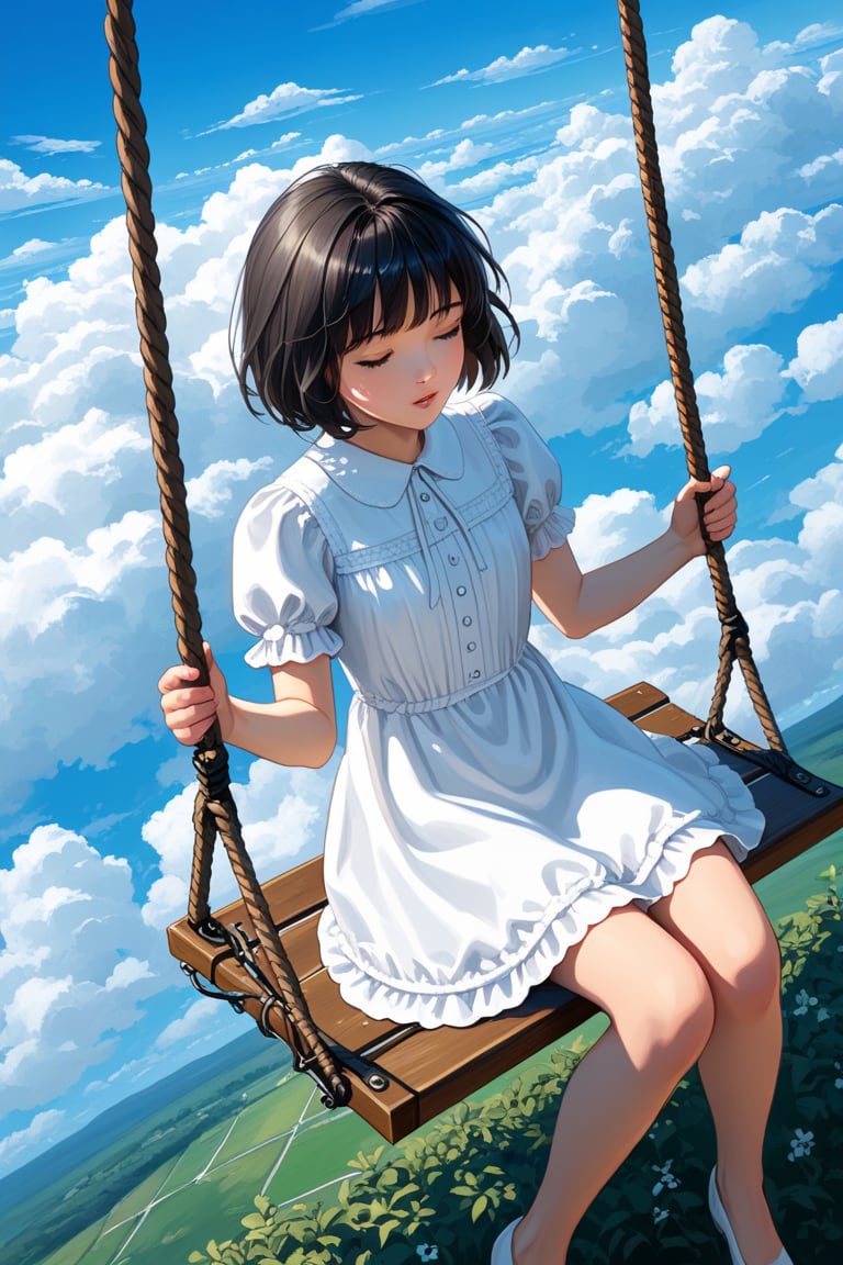 best quality,masterpiece,1girl, above clouds, solo, short hair, bangs, black hair, dress, sitting, closed eyes, short sleeves, outdoors, parted lips, sky, day, cloud, white dress, blue sky, cloudy sky, swing