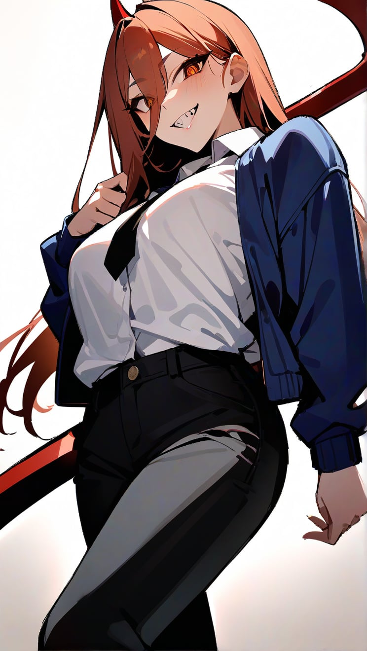 masterpiece, best quality, rating: general, newest, solo, 1girl, powerdef, sharp teeth, grin, holding scythe, red scythe, cross-shaped pupils, blue jacket, white shirt, black necktie, black pants,powercasual,powerrnd