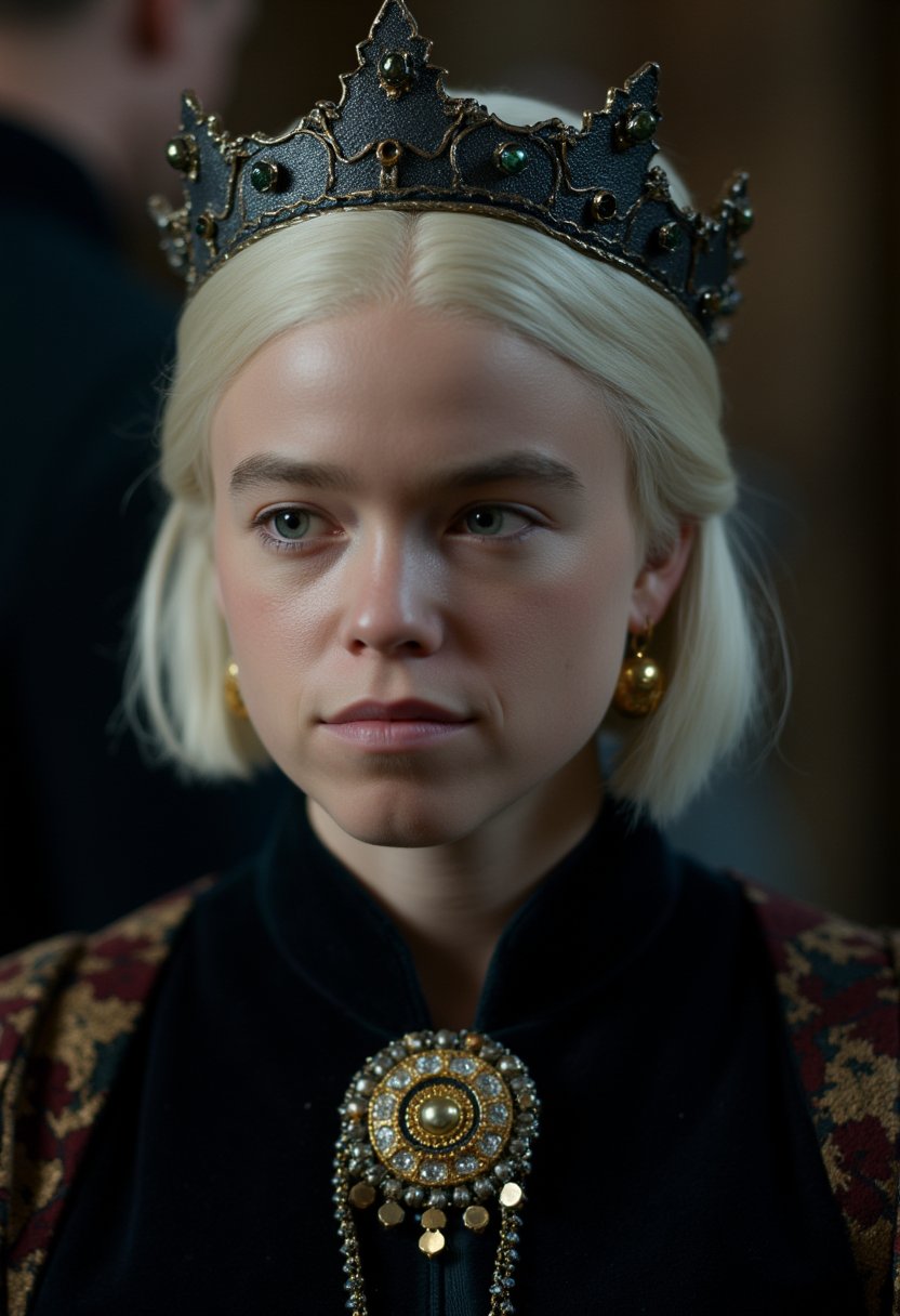 The image is a high-resolution photograph of a young woman with fair skin and platinum blonde hair, styled in a neat, straight bob. She wears an elaborate, dark, metallic crown adorned with intricate gold and silver designs, including circular patterns and small, dangling ornaments. Her expression is neutral, with a calm and composed demeanor. She is dressed in a rich, dark, velvet garment that has a high collar, adorned with a matching metallic brooch that features intricate, circular patterns and small, dangling ornaments. The brooch is made of gold and silver, adding a regal and historical touch to her attire. Her earrings are large, circular, and gold, with a central, circular design that catches the light, enhancing the historical and royal theme of her appearance. The background is blurred, with a dark, moody ambiance that suggests an indoor setting, possibly a historical or period drama film. The lighting is soft and diffused, casting a gentle glow on her face and highlighting the textures of her attire and accessories. The overall mood is somber and serious, emphasizing the historical and regal nature of her appearance.