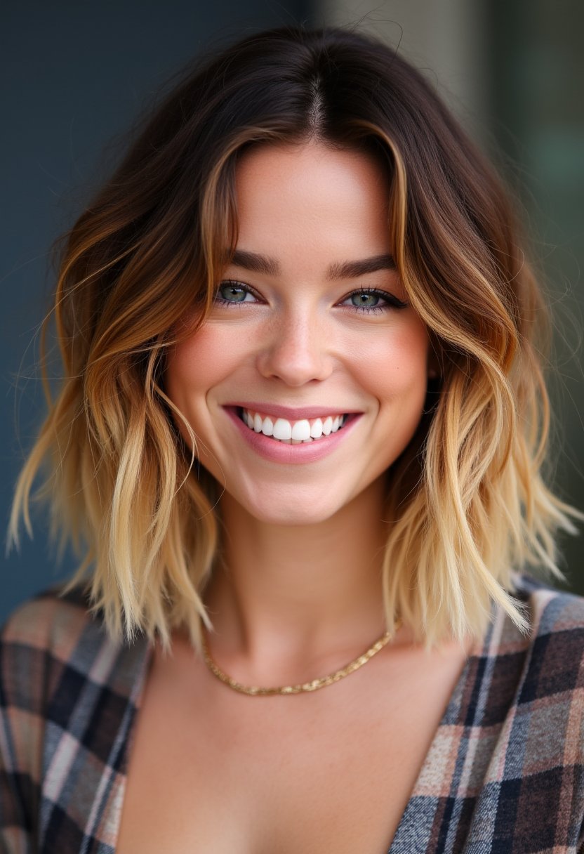 a highly detailed photo depicting Milly Alcock, Her hair is shoulder-length, styled in a loose, tousled bob with a gradient from dark brown at the roots to blonde tips. She is smiling broadly, showing her teeth, and her eyes are bright and expressive. 