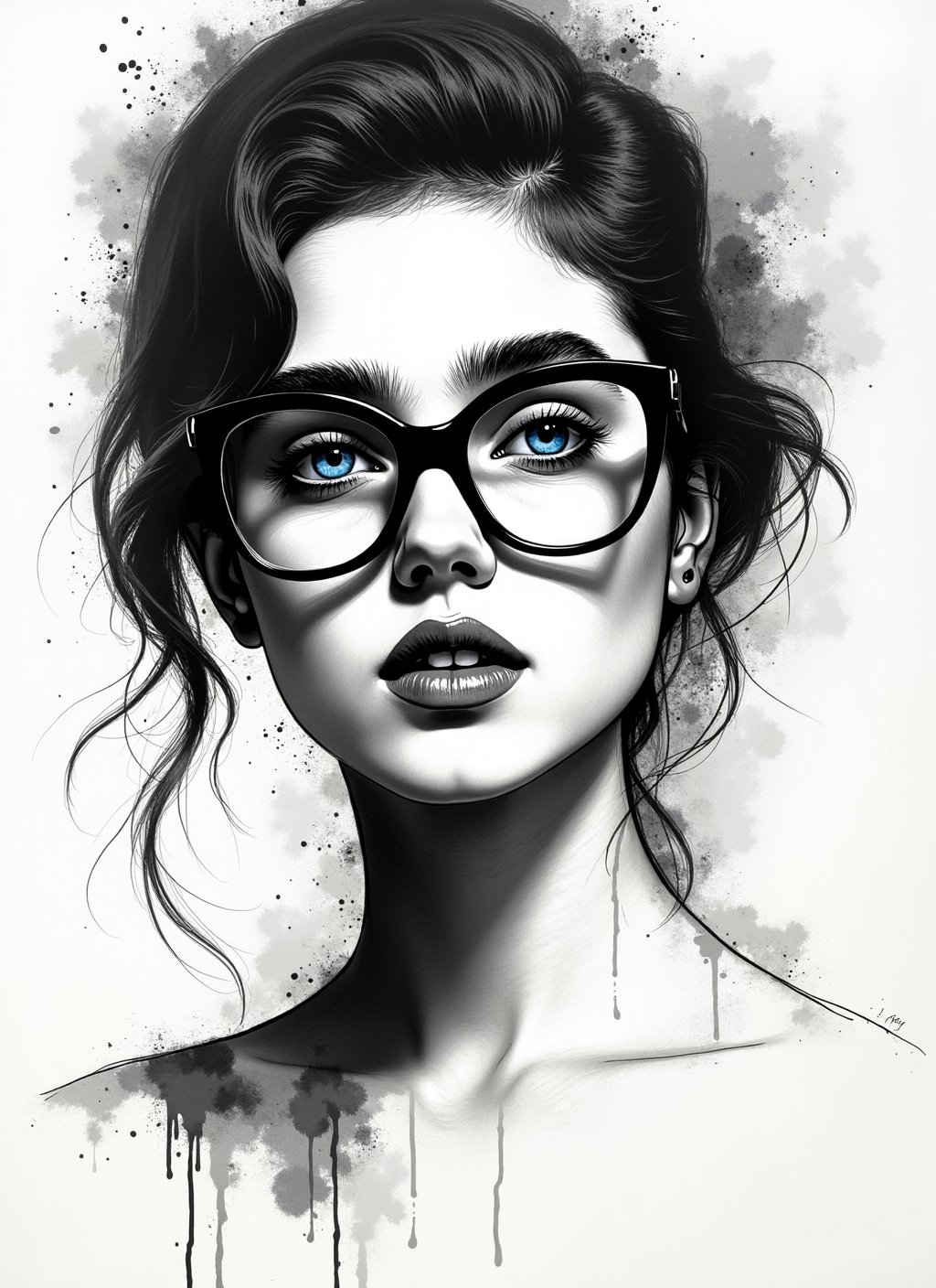 black and white ink portrait,  young woman,  expressive blue eyes by el_fluppe on Tensor.Art