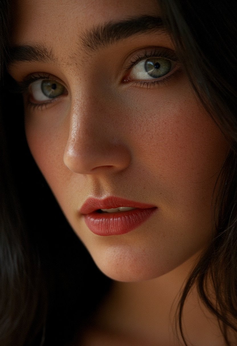 A stunning,  hyper-realistic close-up captures the face of a beautiful jennifer connelly. Her intense,  beautiful eyes ref...