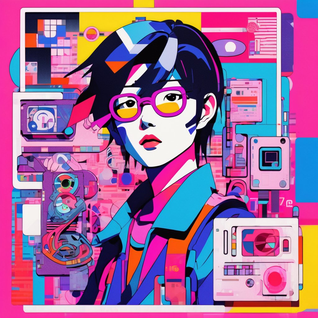 vibrant collage of anime styled androgynous characters, Japanese kanji, technology elements, risograph print on textured paper, inspired by Eduardo Paolozzi collage and Andy Warhol pop art, modern and expressionist, bold colors, heavy outlines, pink, blue, purple, bright colors and varied textures, dynamic composition, swirling geometric shapes, flat colors with minimal shading