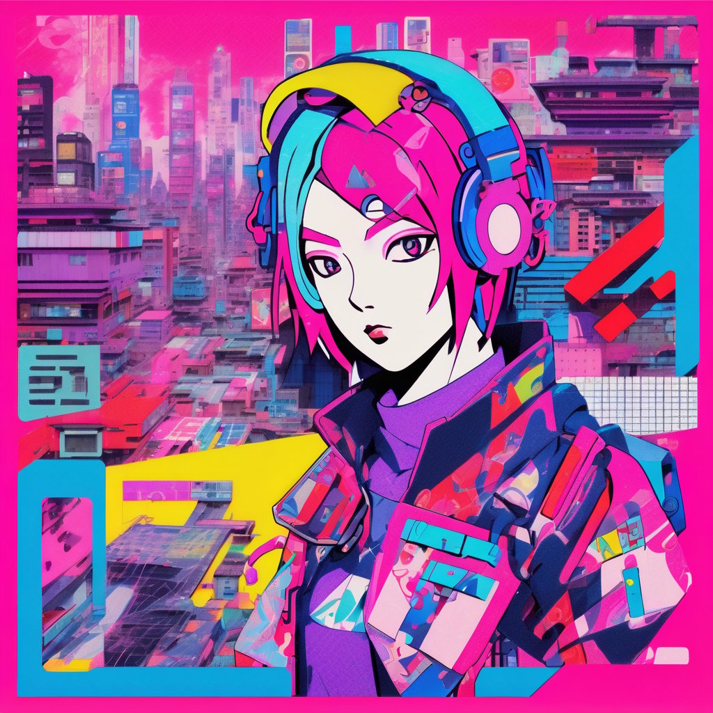 vibrant collage of anime styled androgynous characters,  Japanese kanji,  technology and cyberpunk elements by honeysmooth...