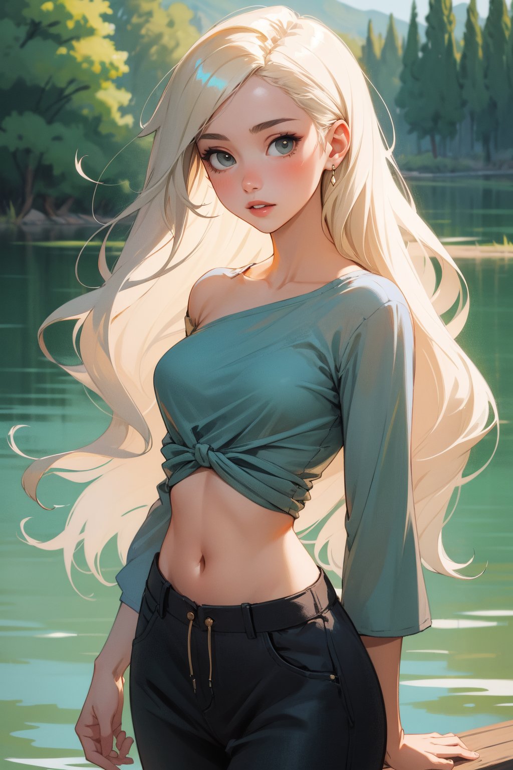 masterpiece,top-quality, Beautiful young woman, grey blonde hair,very long hair, loose fit top,lake,realistic
