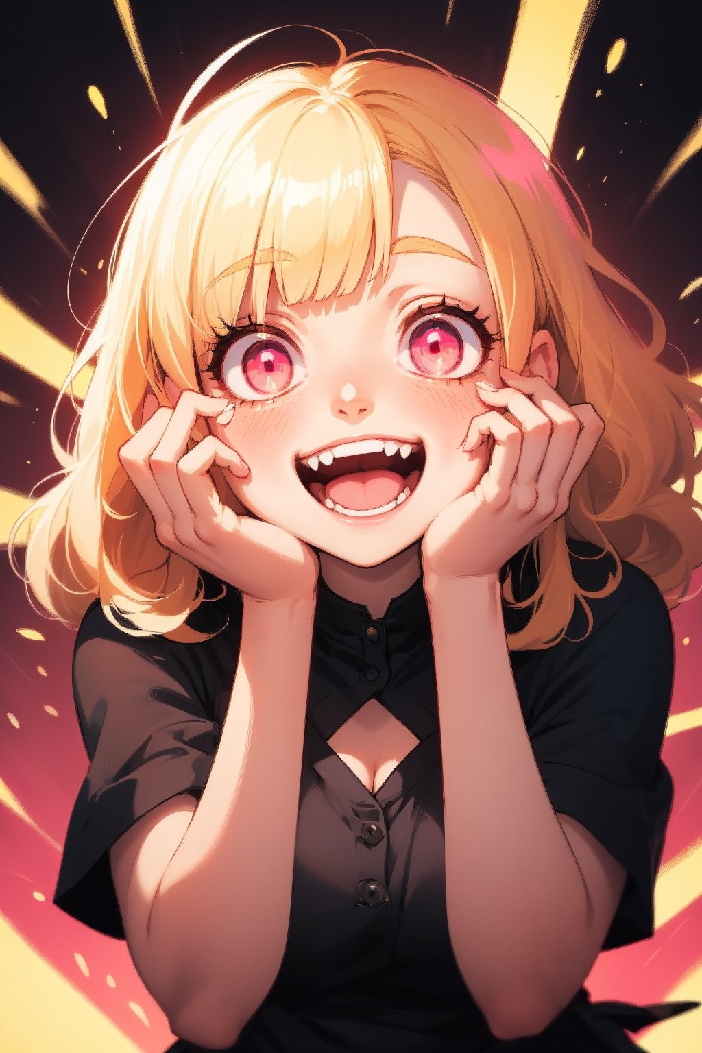 original character , 1girl, (crazy smile:1.2) ,  blonde hair , bangs , crazy eyes , hands on face, open mouth, (wide-eyed:1.2), glowing eyes,  pink eyes,