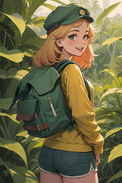 (best quality, masterpiece), 1girl, long sleeves, cap, shorts, jungle, backpack, sun, cheerful