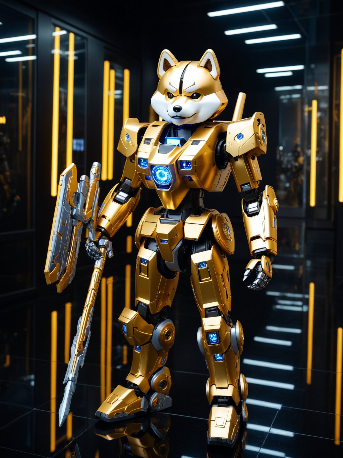 Angry Shiba Inu Dog mecha robo soldier character, anthropomorphic figure, wearing futuristic slive soldier armor and weapons, reflection mapping, realistic figure, hyperdetailed, cinematic lighting photography, 32k uhd with a golden staff, rgb lighting on suit, 

By: panchovilla,mecha, 1 cute little girl