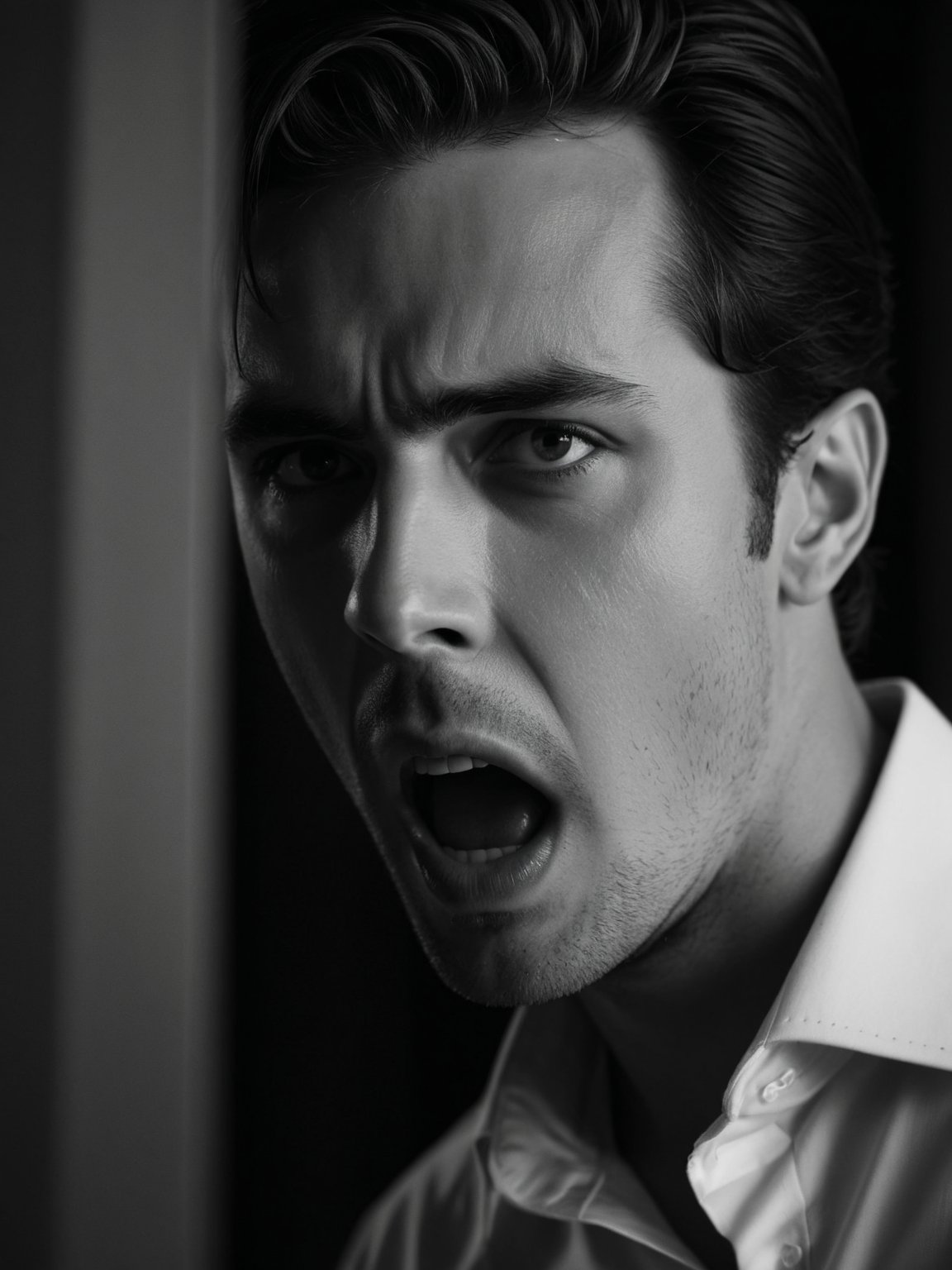 Creates a hyper-realistic image of a handsome man in a dark room, the man screams, the mood is furious, lost in a harsh, black and white photograph, with a high level of detail and sharp focus. Extremely realistic, still photo from the movie, elegant, Latin man, young, handsome.