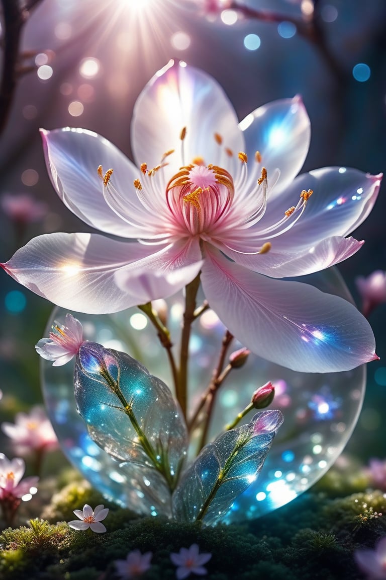 crystal spring blossom, fantasy, galaxy, transparent, shimmering, sparkling, splendid, colorful, magical photography, dramatic lighting, photo realism, ultra-detailed, 4k, Depth of field, High-resolution
