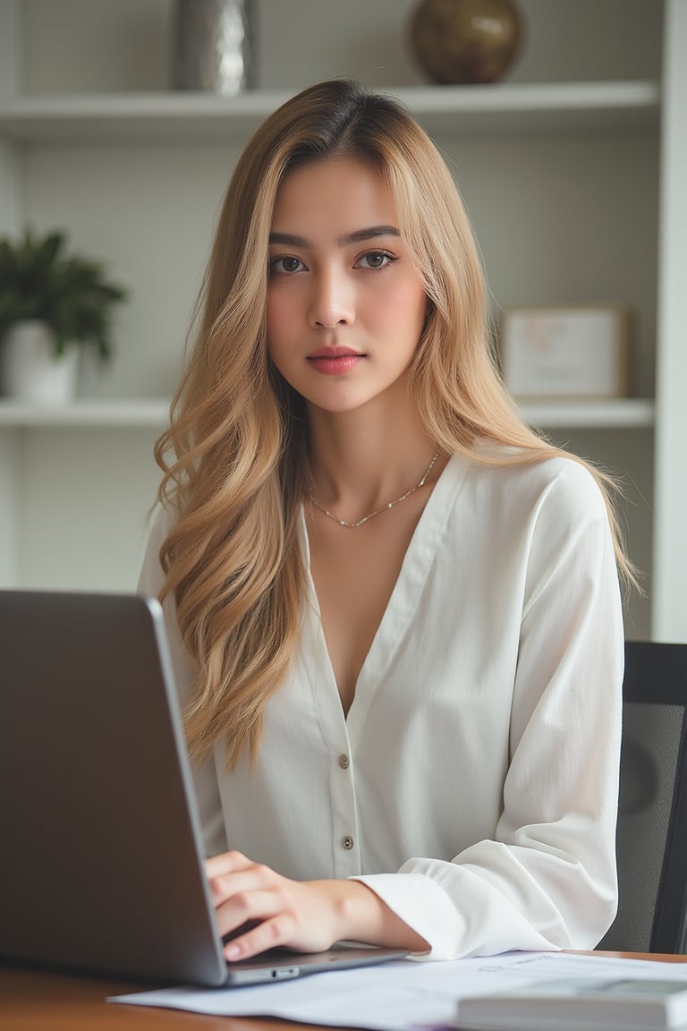 a digital portrait of a naturally beautiful young girl, 25 years blonde with a complexion reminiscent of pure porcelain, fullly matured. sitting on office desk in meeting
, full size photo, 
,Pakistani Model