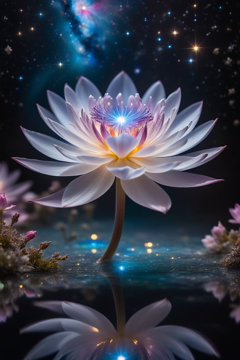 In a stunning celestial tableau, a hidden gem within the galaxy's crystal spring erupts in a dazzling bloom. Delicate petals, like polished diamonds, unfurl against the transparent water's shimmering backdrop, bathed in dramatic lighting that accentuates the vibrant colors as they dance across the surface. The 4K resolution captures the intricate details of this magical moment, with the depth of field blurring the surrounding galaxy to focus attention on the radiant gem, suspended in a sea of starlight.