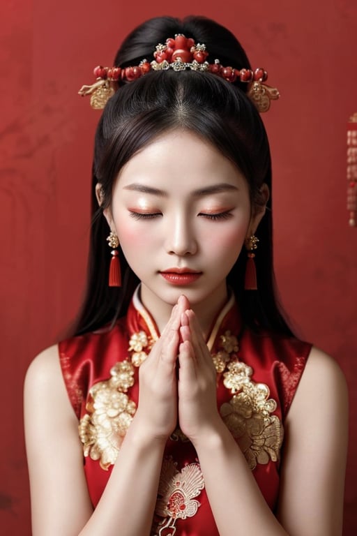 A Chinese ancient beauty is praying,  with hands clasped together,  eyes closed in silence by 阿斯瑪 on Tensor.Art