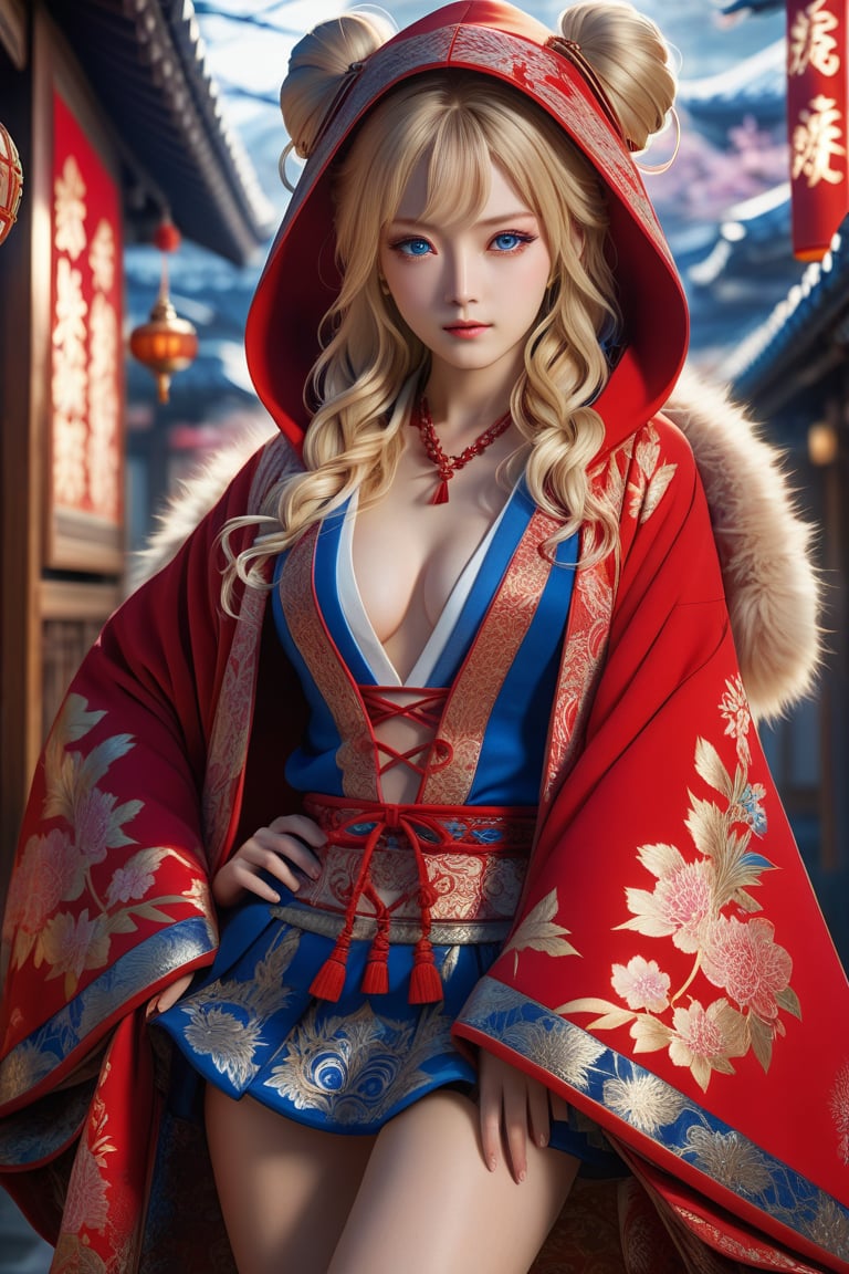 Kyoto Animation stylized anime, a sensual woman with blonde hair, and blue eyes, with detailed ornate fur hooded kimono, red hooded kimono, miniskirt, fantasypunk. Cinematic lighting, ethereal light, intricate details, extremely detailed, incredible details, full colored, complex details, insanely detailed and intricate, hyper maximalist, extremely detailed with rich colors. masterpiece, best quality, HDR, UHD, unreal engine. Representative, fair skin, rich in details High quality, gorgeous, 8k, super detail, gorgeous light and shadow, detailed decoration, detailed lines,glitter