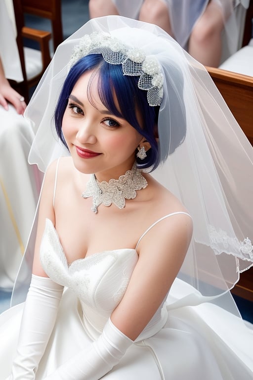 (1 beautiful woman, blue short hair, Rem, expensive detailed white wedding dress design by Francesca Miranda, white bride veil, long white gloves), walking to the altar, holding a bouquet, church location, wedding, celebration time, petals falling down, people sitting down background, priest in front of the spouse, close-up ,perfecteyes, smiling, shy,rem