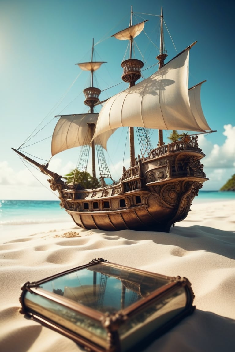 POV angle water, MAGICAL cute STORYBOOK tropical bay , shabby STYLE lovely sailing ship on the beach, view on the tropical bay , summer, semi underwater view.  Modifiers: highly detailed dof trending on cgsociety steampunk fantastic view ultra detailed 4K 3D whimsical Storybook beautifully lit etheral highly intricate stunning color depth disorderly outstanding cute illustration cuteaesthetic Boris Vallejo style shadow play The mood is Mysterious and Spellbinding, with a sense of otherworldliness  otherwordliness macro photography style LEONARDO DIFFUSION XL STYLE vintage-futuristic