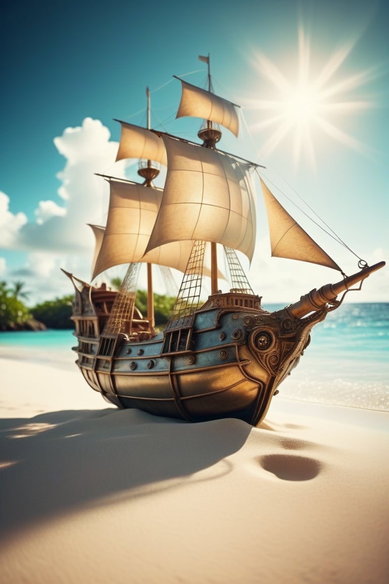 POV angle water, MAGICAL cute STORYBOOK tropical bay , shabby STYLE lovely sailing ship on the beach, view on the tropical bay , summer, semi underwater view.  Modifiers: highly detailed dof trending on cgsociety steampunk fantastic view ultra detailed 4K 3D whimsical Storybook beautifully lit etheral highly intricate stunning color depth disorderly outstanding cute illustration cuteaesthetic Boris Vallejo style shadow play The mood is Mysterious and Spellbinding, with a sense of otherworldliness  otherwordliness macro photography style LEONARDO DIFFUSION XL STYLE vintage-futuristic