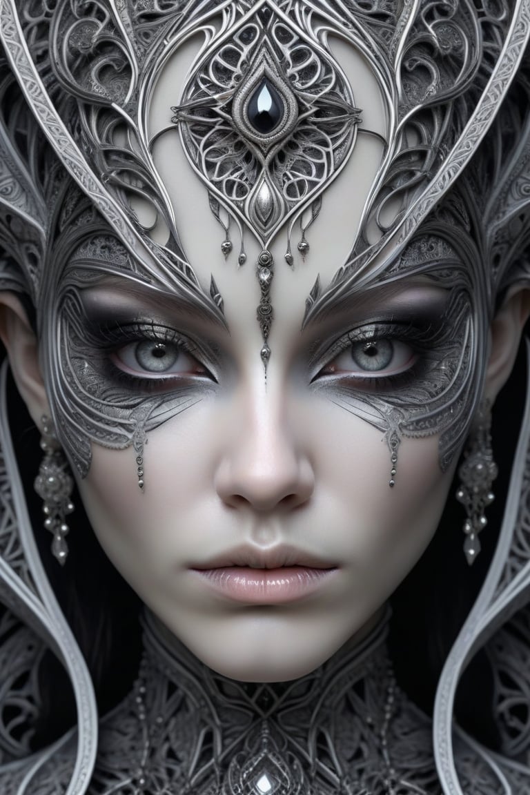 (Black and white, intricate details, close-up of a woman's face with an intricate design, 3DCGI anime fantasy artwork, necro, detailed patterned skin, abstract fragments, impressive eyes, mixed media, 3D rendering Silver painting, symmetrical beauty, ambient occlusion rendering, psytrance), Detailed Textures, high quality, high resolution, high Accuracy, realism, color correction, Proper lighting settings, harmonious composition, Behance works,ct-niji2,xxmix_girl,goth person