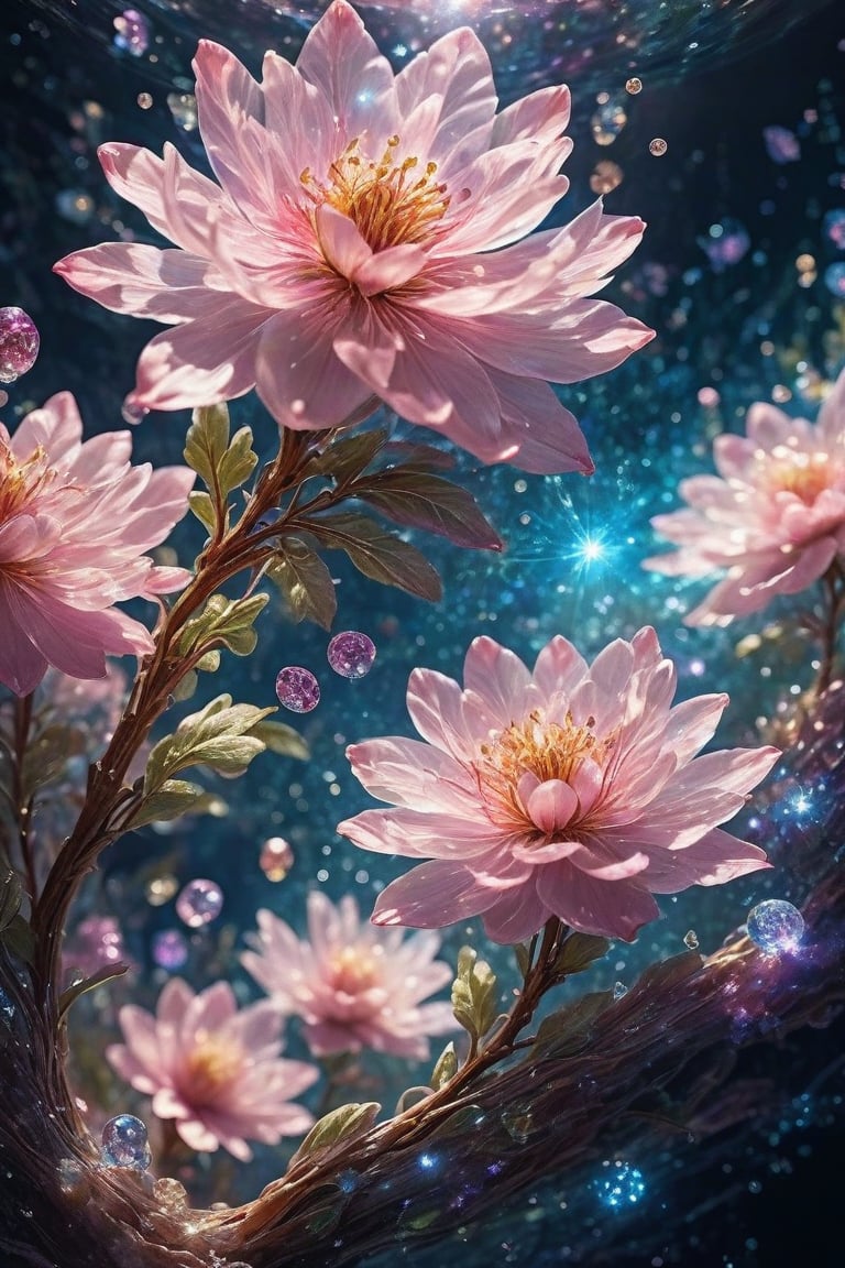 crystal spring blossom, fantasy, galaxy, transparent, shimmering, sparkling, splendid, colorful, magical photography, dramatic lighting, photo realism, ultra-detailed, 4k, Depth of field, High-resolution
