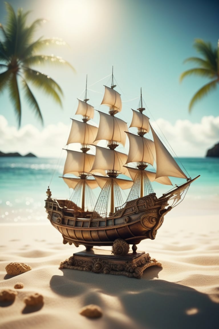 POV angle water, MAGICAL cute STORYBOOK tropical bay , shabby STYLE lovely sailing ship on the beach, view on the tropical bay , summer, semi underwater view.  Modifiers: highly detailed dof trending on cgsociety steampunk fantastic view ultra detailed 4K 3D whimsical Storybook beautifully lit etheral highly intricate stunning color depth disorderly outstanding cute illustration cuteaesthetic Boris Vallejo style shadow play The mood is Mysterious and Spellbinding, with a sense of otherworldliness  otherwordliness macro photography style LEONARDO DIFFUSION XL STYLE vintage-futuristic