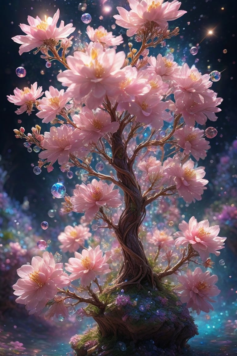 crystal spring blossom, fantasy, galaxy, transparent, shimmering, sparkling, splendid, colorful, magical photography, dramatic lighting, photo realism, ultra-detailed, 4k, Depth of field, High-resolution
