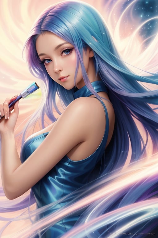 Airbrushing (Beautiful mystical allure) long swirling hair, smart, environment, Using airbrushing for art, often for smooth gradients, spray effects, or automotive art,1 girl,anime