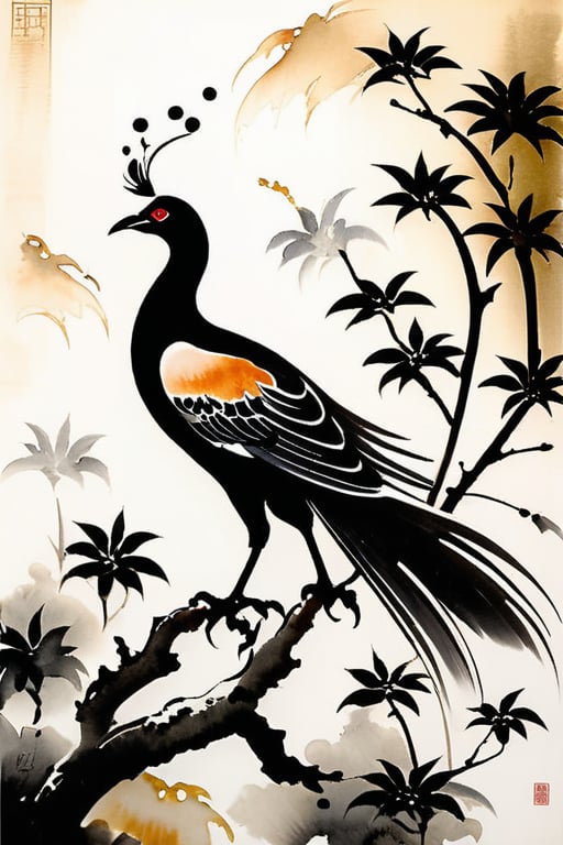 A Sumi-e style ink painting, bold, dramatic brushstrokes of one chinese phoenix. Providential discovery or creation. Petite alabaster specter. Unexpected minuscule, rust-ivory detail. Providential intricate details and meticulous craftsmanship, providential pioneering techniques or elements, providential high technical acumen, such as verisimilar rendering or elaborate compositions. Harmonious and balanced composition, skillful use of color and illumination to enhance the emotional and visual impact, creating a sense of depth. Providential singular perspectives and viewpoints, intricacy, contrast, and symmetry. Providential formidable aesthetic structure, verisimilitude, and visual impact imparts a lasting impression. Scene featuring a providential discovery or creation. style, ink







