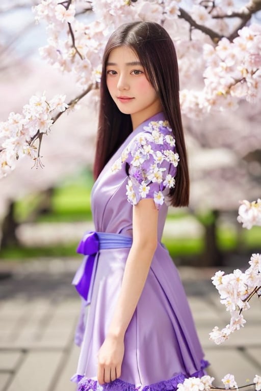 A 16-year-old Japanese beauty,  in the sakura flowers.Turn slightly,  iris purple dress by 阿斯瑪 on Tensor.Art