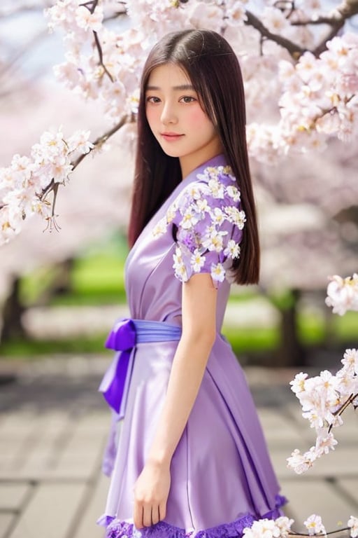 A 16-year-old Japanese beauty,in the sakura flowers.Turn slightly,iris purple dress