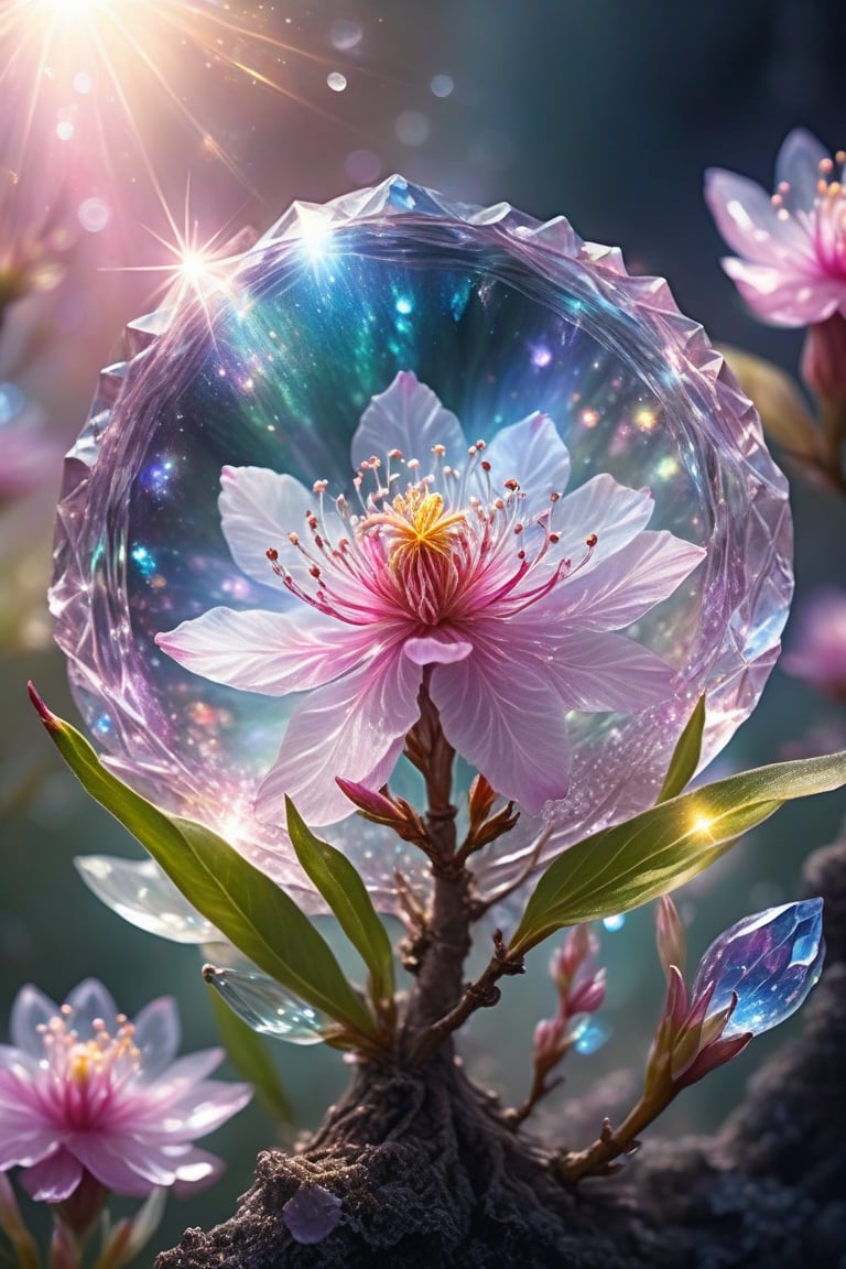 crystal spring blossom, fantasy, galaxy, transparent, shimmering, sparkling, splendid, colorful, magical photography, dramatic lighting, photo realism, ultra-detailed, 4k, Depth of field, High-resolution
