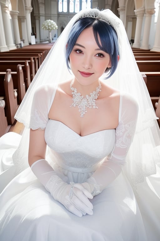 (1 beautiful woman, blue short hair, Rem, expensive detailed white wedding dress design by Francesca Miranda, white bride veil, long white gloves), walking to the altar, holding a bouquet, church location, wedding, celebration time, petals falling down, people sitting down background, priest in front of the spouse, close-up ,perfecteyes, smiling, shy,rem