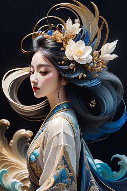 Create a highly detailed, ethereal illustration of a graceful woman lying in serene repose. She is adorned in flowing, elegant robes in shades of soft blue and white, with intricate floral patterns and delicate embroidery. Her hair cascades around her, interwoven with decorative ornaments and flowers, creating a harmonious blend with the surrounding environment. Bluebirds gracefully fly around her, adding a touch of enchantment to the scene. Her eyes are closed, and her expression is peaceful, evoking a sense of tranquility and dreaminess. The overall composition captures a timeless, otherworldly beauty, reminiscent of a serene and mythical realm, natural beauty, and timeless grace, 8k, masterpiece, ultra-realistic, best quality, high resolution, high definition, Chinese style, asian woman, wave, top quality, mystery, oil painting, crazy details, complex composition, strong colors, science fiction, transparency, dynamic lighting Ink style, grayscale, pastels, mysterious atmosphere, delicate brushstrokes, frontal composition, wind and clouds, Dynamic shots of flowing ink: Photorealistic masterpieces in 8k resolution: Aaron Hawkey and Jeremy Mann: Intricate fluid gouaches: Jean Bart tiste monger: Calligraphy: Cene: Colorful watercolor art, professional photography, volumetric light maximization photography: by marton bobzert: complexity, refinement, elegance, vastness, fantasy, dark composites, octane rendering, DonMASKTexXL, painted world in 8k resolution concept art, Fantasy Art, Oil Painting, Kabuki, Impressionist PaintingJapanese style, white cat, wave, top quality, mystery, oil painting, crazy details, complex composition, strong colors, science fiction, transparency, dynamic lighting Ink style, grayscale, pastels, mysterious atmosphere, delicate brushstrokes, frontal composition, wind and clouds, Dynamic shots of flowing ink: Photorealistic masterpieces in 8k resolution: Aaron Hawkey and Jeremy Mann: Intricate fluid gouaches: Jean Bart tiste monger: Calligraphy: Cene: Colorful watercolor art, professional photography, volumetric light maximization photography: by marton bobzert: complexity, refinement, elegance, vastness, fantasy, dark composites, octane rendering, DonMASKTexXL, painted world in 8k resolution concept art, Fantasy Art, Oil Painting, Kabuki, Impressionist Painting
Chinese style, asian woman, wave, top quality, mystery, oil painting, crazy details, complex composition, strong colors, science fiction, transparency, dynamic lighting
Ink style, grayscale, pastels, mysterious atmosphere, delicate brushstrokes, frontal composition, wind and clouds,
Dynamic shots of flowing ink: Photorealistic masterpieces in 8k resolution: Aaron Hawkey and Jeremy Mann: Intricate fluid gouaches: Jean Bart tiste monger: Calligraphy: Cene: Colorful watercolor art, professional photography, volumetric light maximization photography: by marton bobzert: complexity, refinement, elegance, vastness, fantasy, dark composites, octane rendering, DonMASKTexXL, painted world in 8k resolution concept art, Fantasy Art, Oil Painting, Kabuki, Impressionist Painting