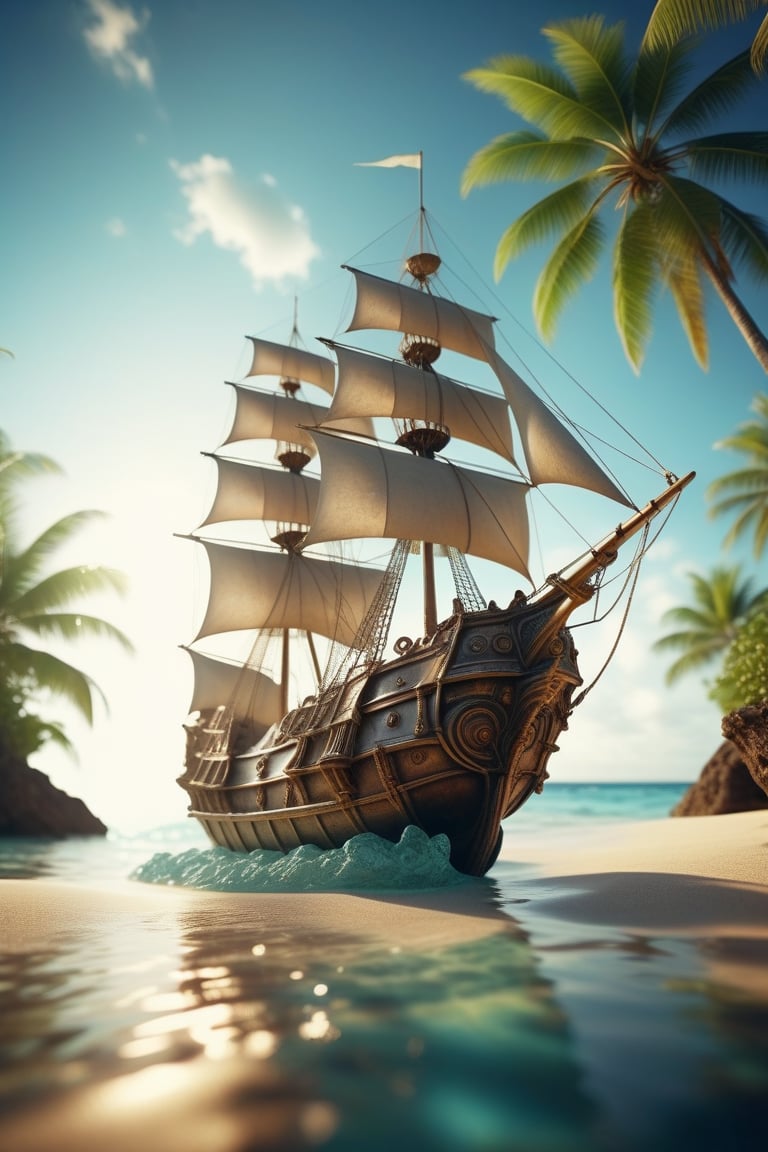 POV angle water, MAGICAL cute STORYBOOK tropical bay , shabby STYLE lovely sailing ship on the beach, view on the tropical bay , summer, semi underwater view.  Modifiers: highly detailed dof trending on cgsociety steampunk fantastic view ultra detailed 4K 3D whimsical Storybook beautifully lit etheral highly intricate stunning color depth disorderly outstanding cute illustration cuteaesthetic Boris Vallejo style shadow play The mood is Mysterious and Spellbinding, with a sense of otherworldliness  otherwordliness macro photography style LEONARDO DIFFUSION XL STYLE vintage-futuristic