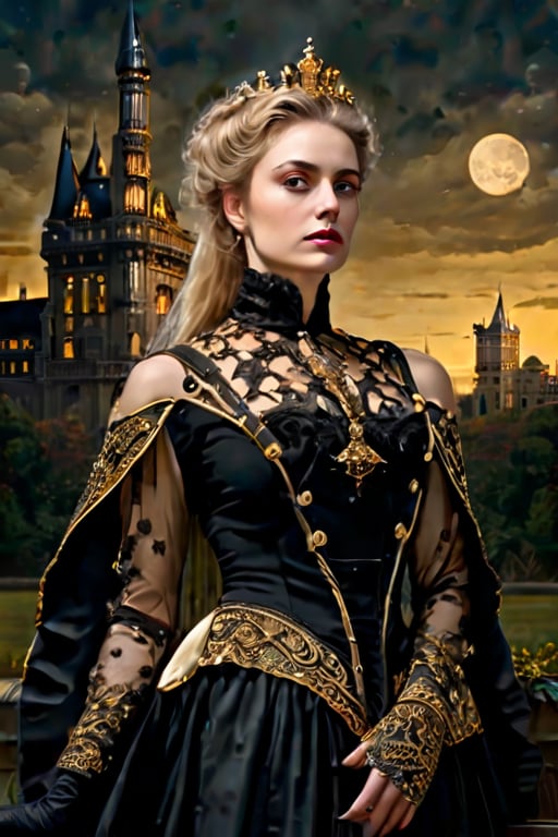 Elegantism, opulent scene, full portrait of a Victorian lady, heroic, black clothes, gold trim, full moon, castle, head and shoulders portrait, 8k resolution. (masterpiece, top quality, best quality, official art, beautiful and aesthetic:1.2), (1girl:1.4), upper body, blonde hair, portrait, extreme detailed, in the style of esao andrews