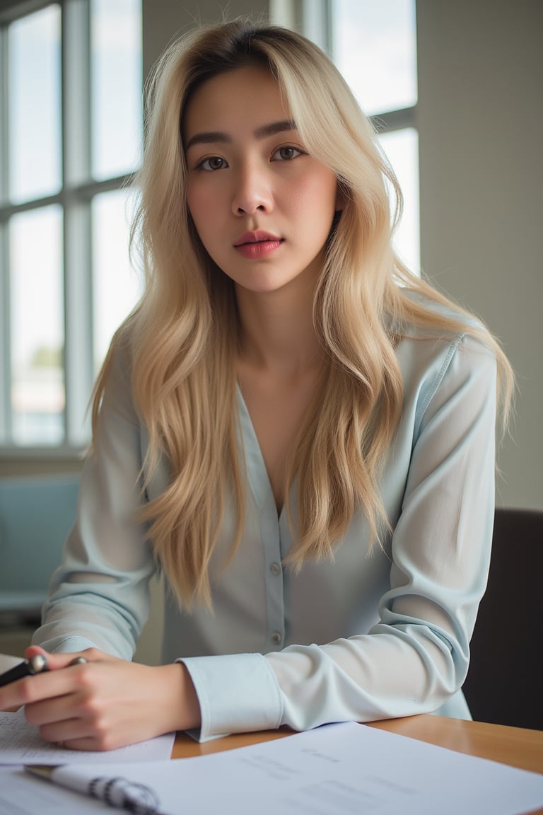 a digital portrait of a naturally beautiful young girl, 25 years blonde with a complexion reminiscent of pure porcelain, fullly matured. sitting on office desk in meeting
, full size photo, 
,Pakistani Model