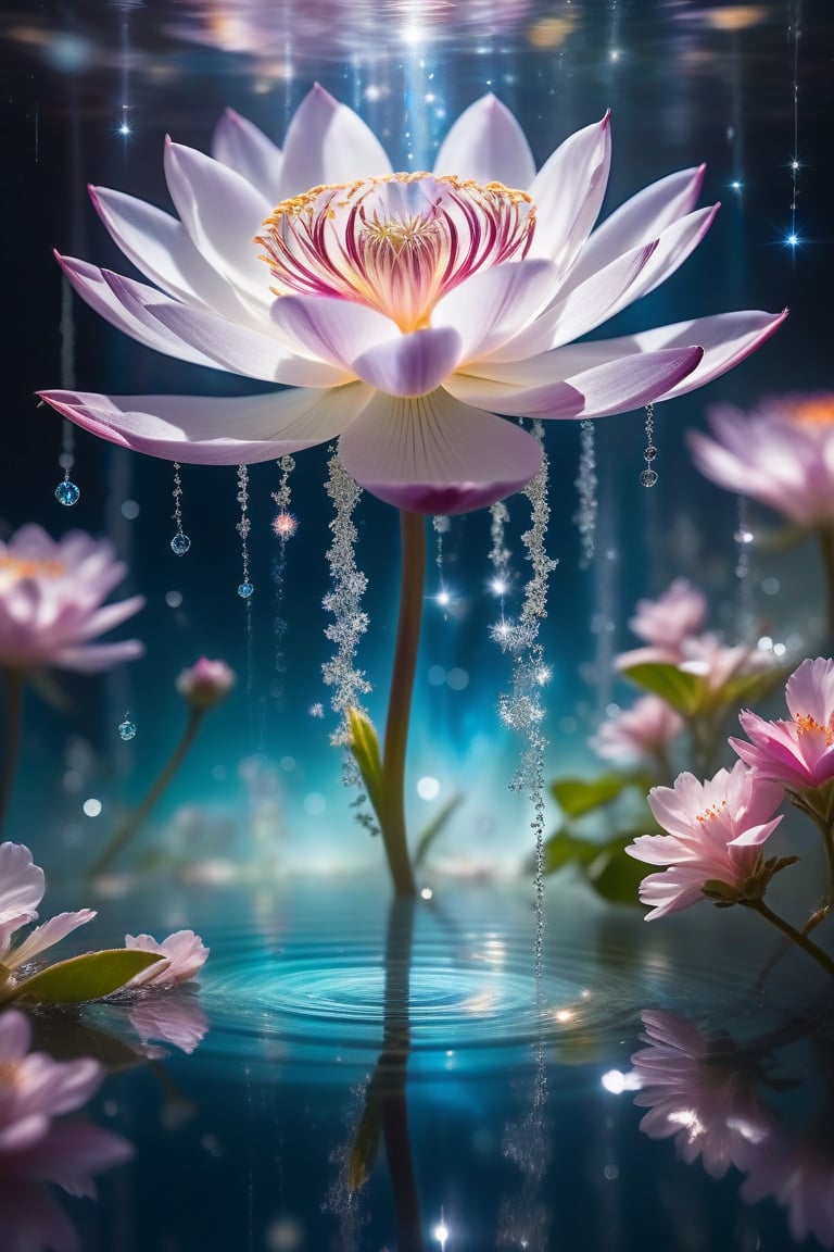 A galaxy's hidden gem bursts forth in a radiant bloom. Within the crystal spring, delicate petals unfurl like diamonds against the transparent water's shimmering backdrop. Dramatic lighting accentuates the splendid colors as they dance across the surface. With photo realism and ultra-detailed 4K resolution, the depth of field blurs the surrounding galaxy, focusing attention on this magical moment.