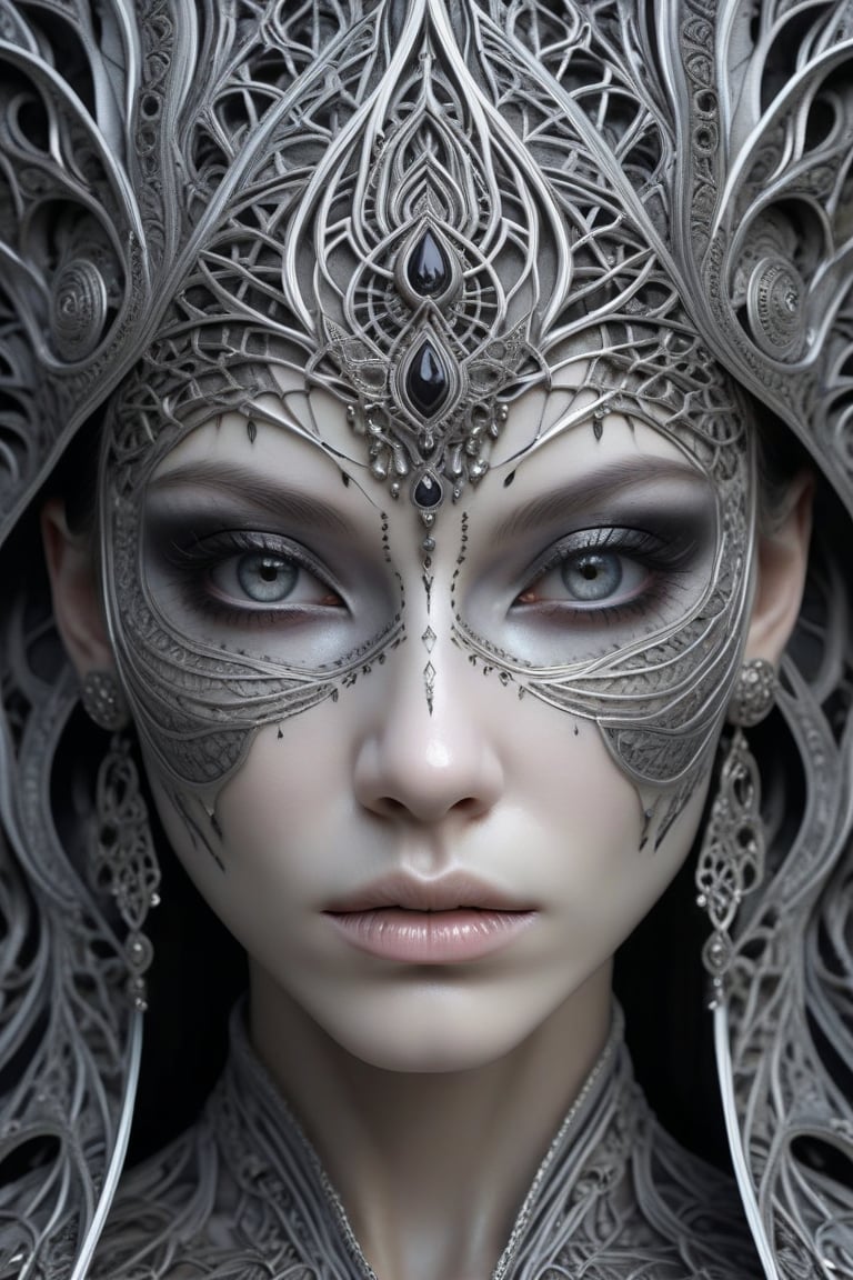 (Black and white, intricate details, close-up of a woman's face with an intricate design, 3DCGI anime fantasy artwork, necro, detailed patterned skin, abstract fragments, impressive eyes, mixed media, 3D rendering Silver painting, symmetrical beauty, ambient occlusion rendering, psytrance), Detailed Textures, high quality, high resolution, high Accuracy, realism, color correction, Proper lighting settings, harmonious composition, Behance works,ct-niji2,xxmix_girl,goth person