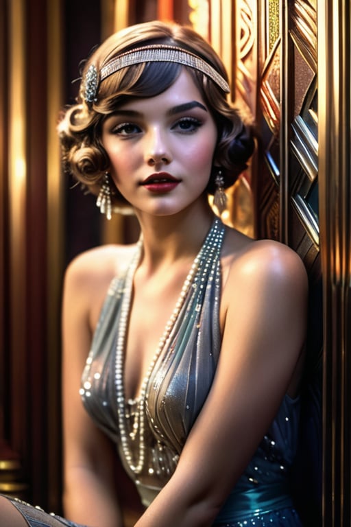 Photo realistic, mute colors, 20s style, flapper girl, art deco. cinematic lighting, smokey atmosphere, ethereal light, intricate details, extremely detailed, incredible details, full colored, complex details, hyper maximalist, gorgeous light and shadow, detailed decoration, detailed lines. masterpiece, best quality, HDR, UHD, unreal engine. looking at the camera, fair skin, beautiful face, beautiful eyes, perfect eyes, beautiful nose, full_body,fflixmj6