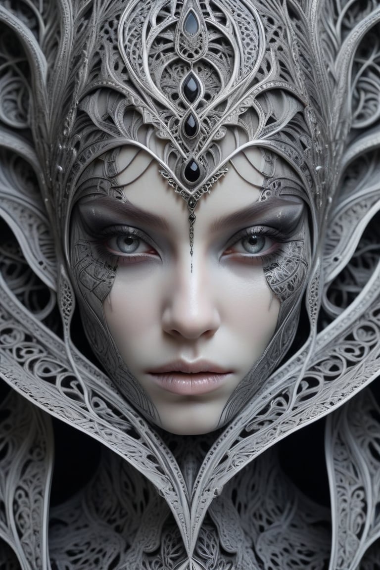 (Black and white, intricate details, close-up of a woman's face with an intricate design, 3DCGI anime fantasy artwork, necro, detailed patterned skin, abstract fragments, impressive eyes, mixed media, 3D rendering Silver painting, symmetrical beauty, ambient occlusion rendering, psytrance), Detailed Textures, high quality, high resolution, high Accuracy, realism, color correction, Proper lighting settings, harmonious composition, Behance works,ct-niji2,xxmix_girl,goth person