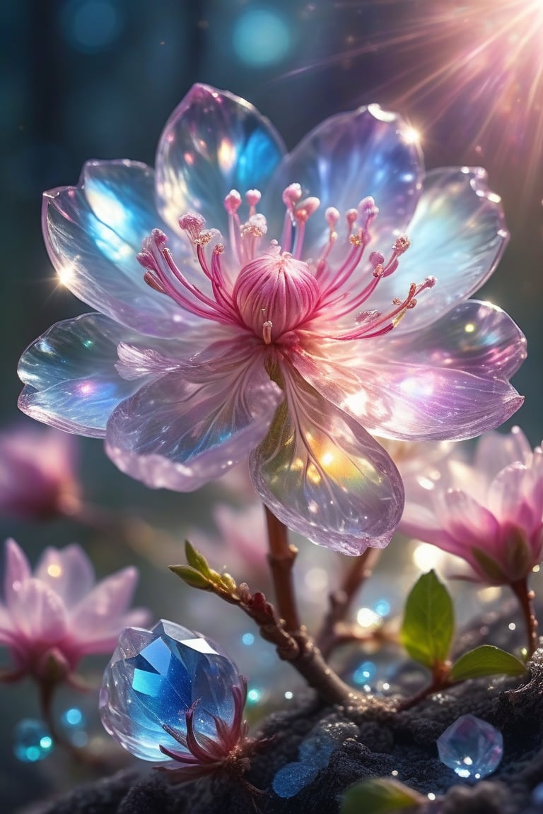 crystal spring blossom, fantasy, galaxy, transparent, shimmering, sparkling, splendid, colorful, magical photography, dramatic lighting, photo realism, ultra-detailed, 4k, Depth of field, High-resolution
