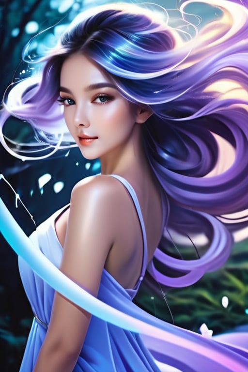 Airbrushing (Beautiful mystical allure) long swirling hair, smart, environment, Using airbrushing for art, often for smooth gradients, spray effects, or automotive art,1 girl,anime